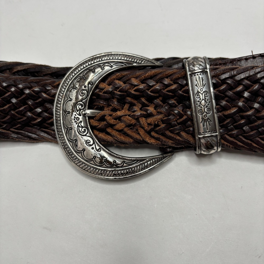 Brighton Leather Woven Belt Women Size L Silver Tone Buckle Brown Boho SEE
